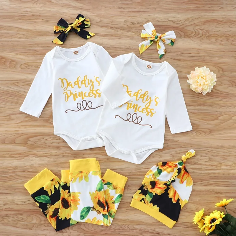 Spring Fall Baby Clothes Boys Girls 4 Pcs Sets Letter Long Sleeve Tops+sunflower Long Pants+headband+hat Toddler Clothes 0-3Y