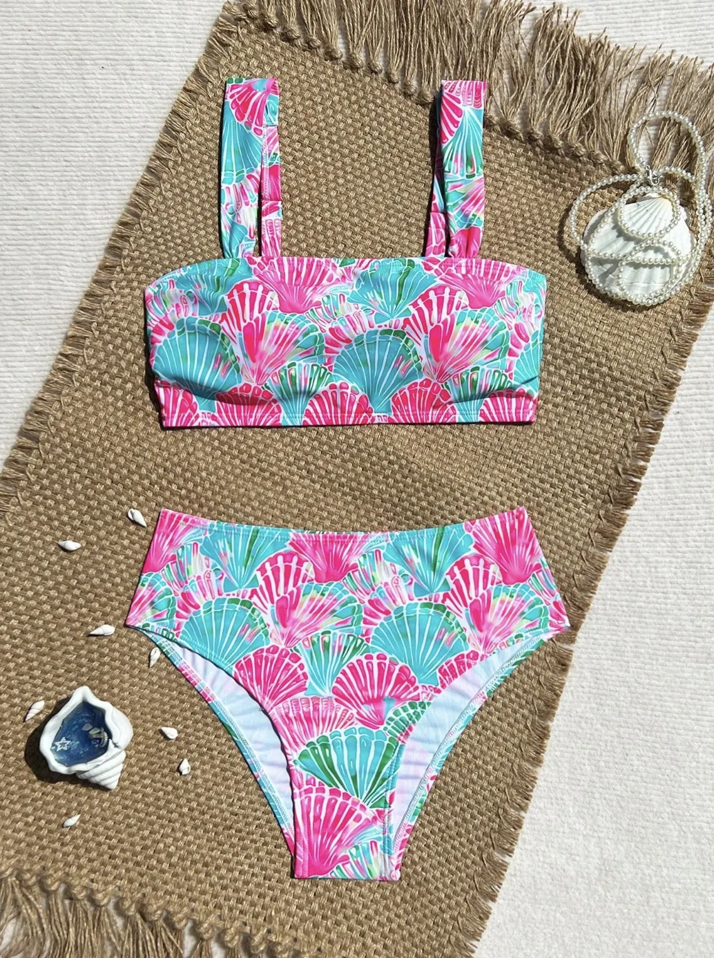 Women's 2 Piece Bikini Set Shell Triangle Thong Bikini Boho Seashell High Waisted Bathing