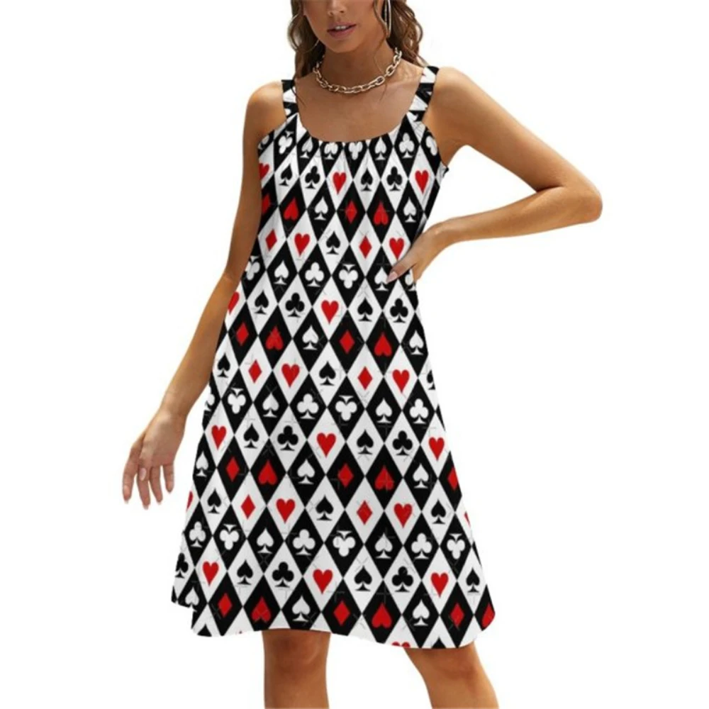 Red Print Dress Playing Card Suit Symbol Korean Fashion Dress Summer