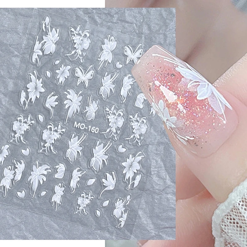 

5D Embossed Nail Art Decals French Full Tips White Flowers Adhesive Sliders Nails Stickers Decorations For Manicure