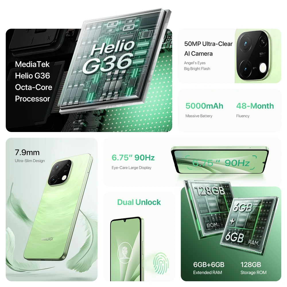 UMIDIGI G9C MTK Helio G36 Android 14 Smartphone 6+6GB 128GB 6.75” HD+ Display 50MP Camera NFC 5000mAh Dual SIM Card Cellphone 2
