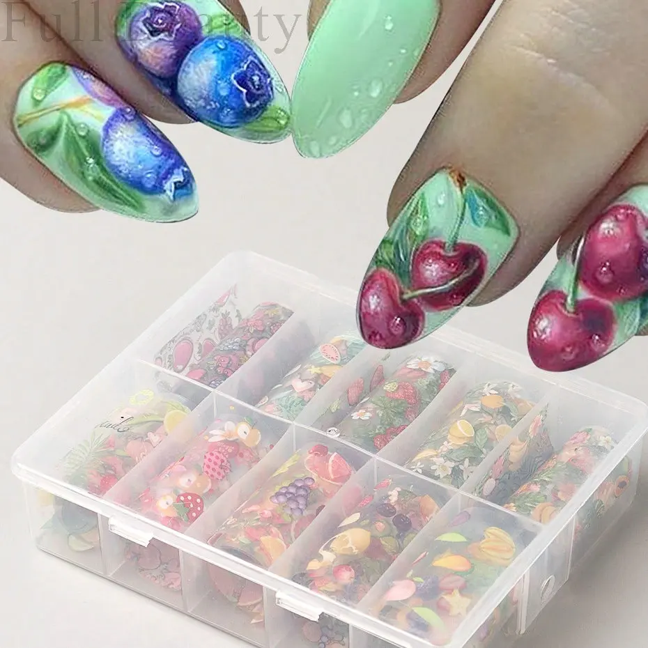 Nail Transfer Stickers Fruit Design Gel Decals Holographic Foil Slider Decoration Art DIY Manicure Accessories Tool 10 Rolls/Box