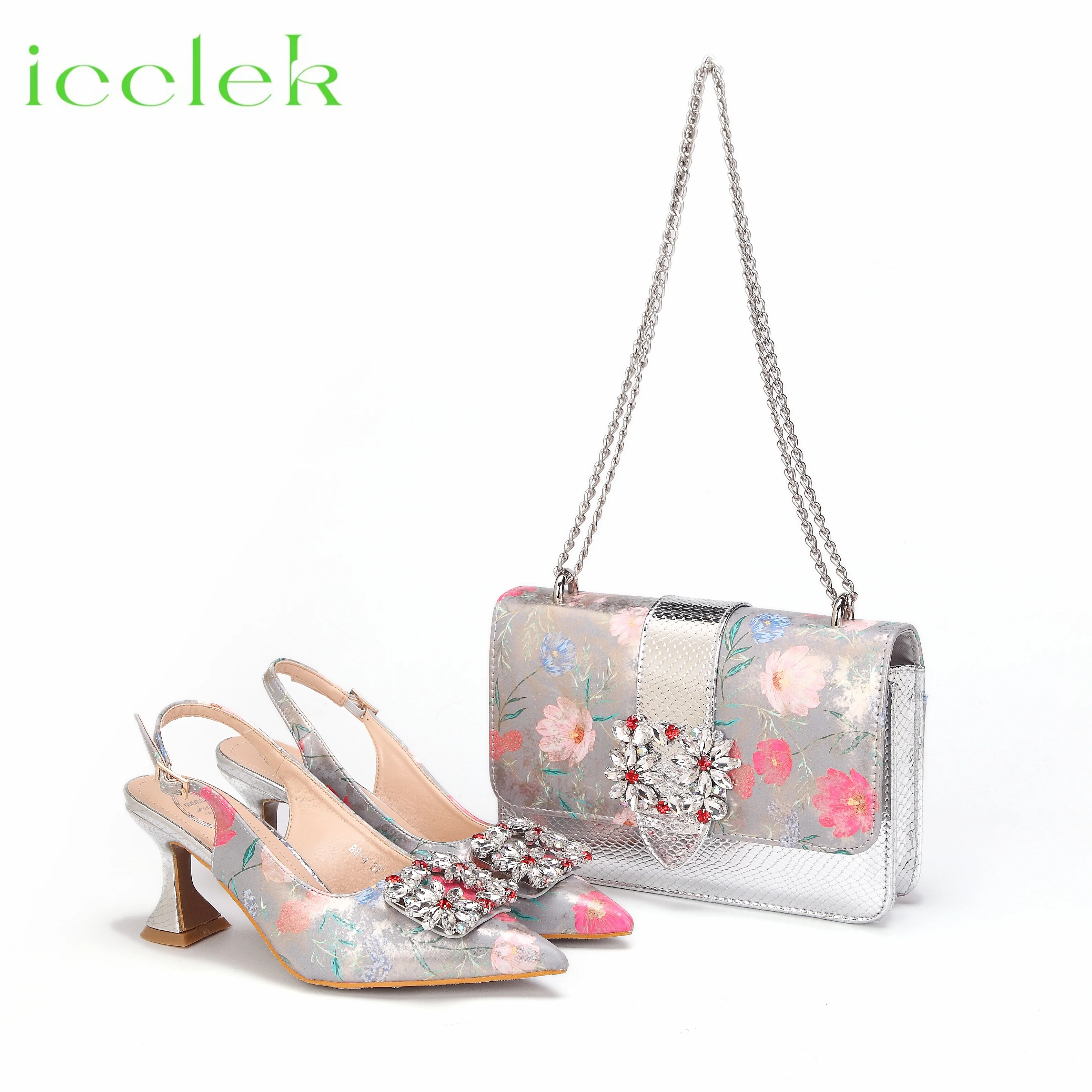 Women High Heels Sandals Printing Flower Material with Rhinestone Italian Design Coffee Color Pointed Toe Shoes and Bags Set