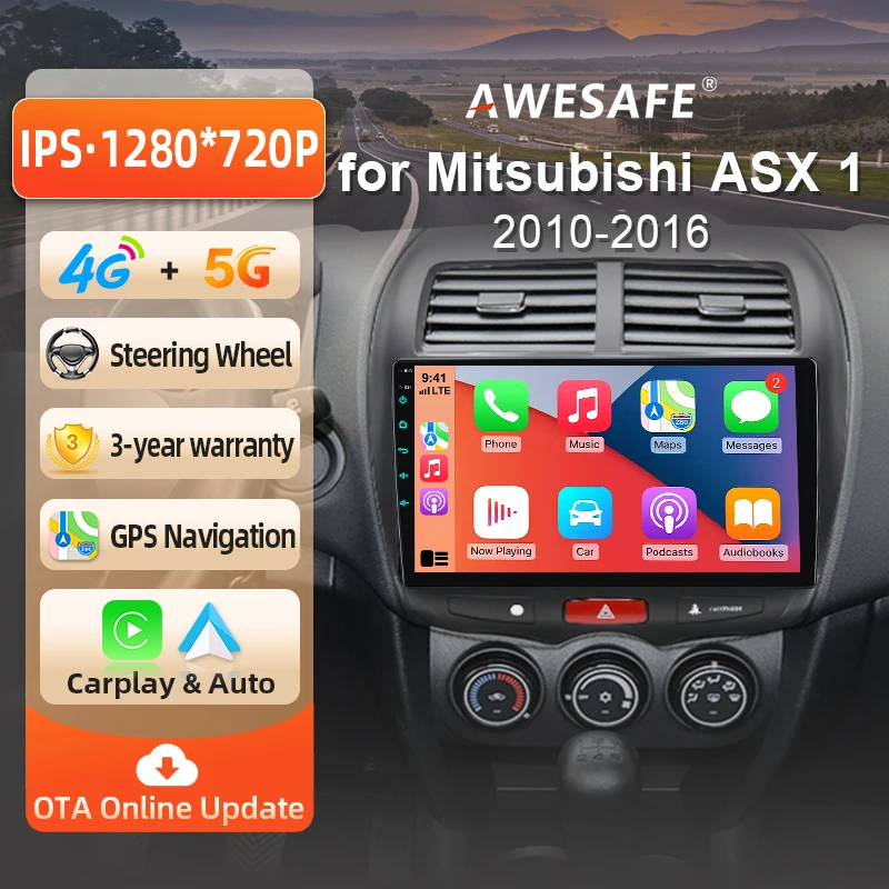 AWESAFE Radio Android de 10 pulgadas para Mitsubishi ASX 1 2010-2018, CarPlay inalámbrico y Android Auto, navegación GPS, soporte multimedia, control del volante, amplificador de subwoofer, cámara trasera, Plug and Play, DAB+, autoradio digital 2DIN, radio para coche, estéreo, RDS, DSP, FM, WIFI 1