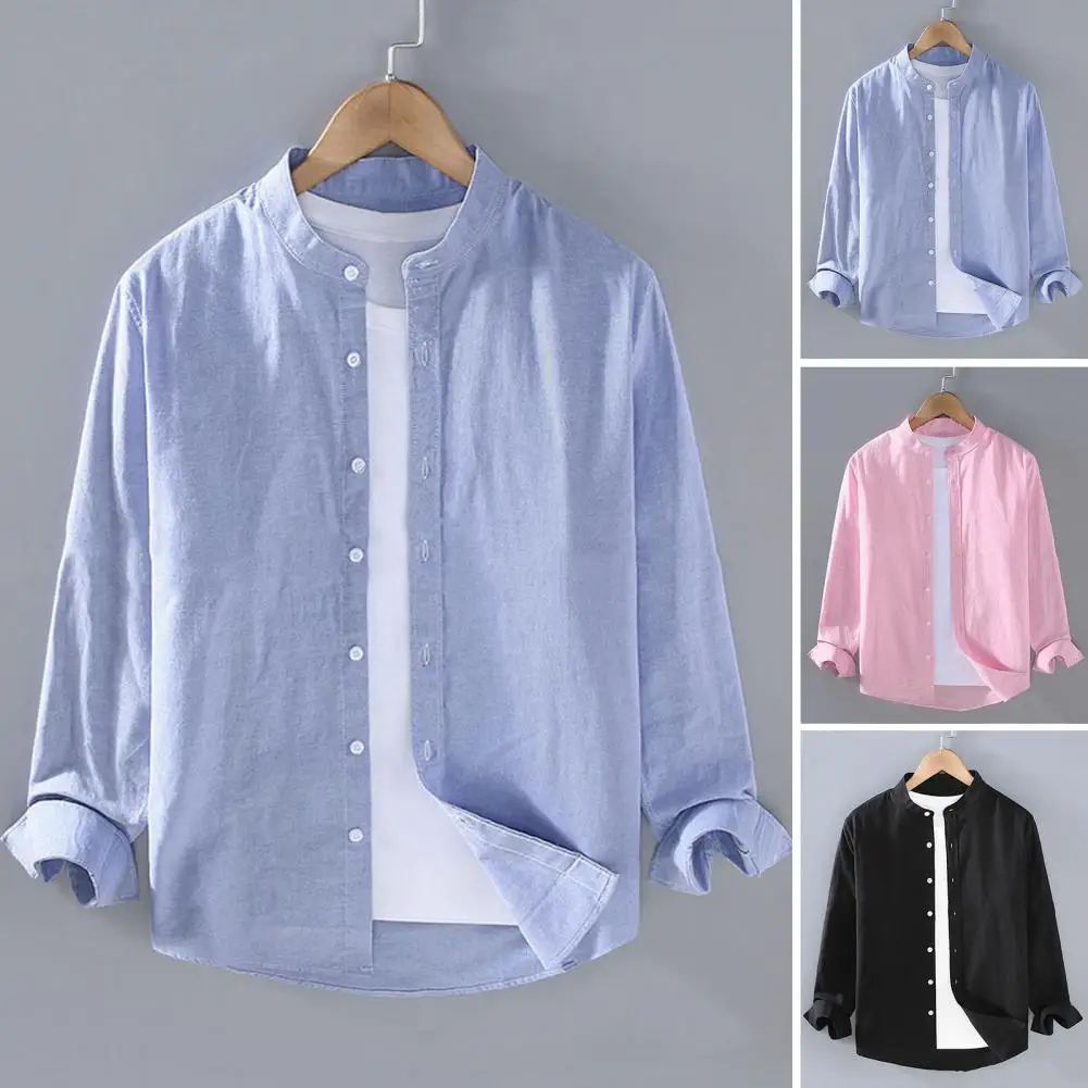 

Men Spring Shirt Men Shirt Loose Fit Men's Spring Cardigan Stand Collar Long Sleeves Plus Size Mid Length Fall Top for Casual