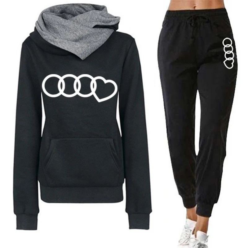 Women Clothing Set, Autumn Winter Double Neck Hooded Tracksuit