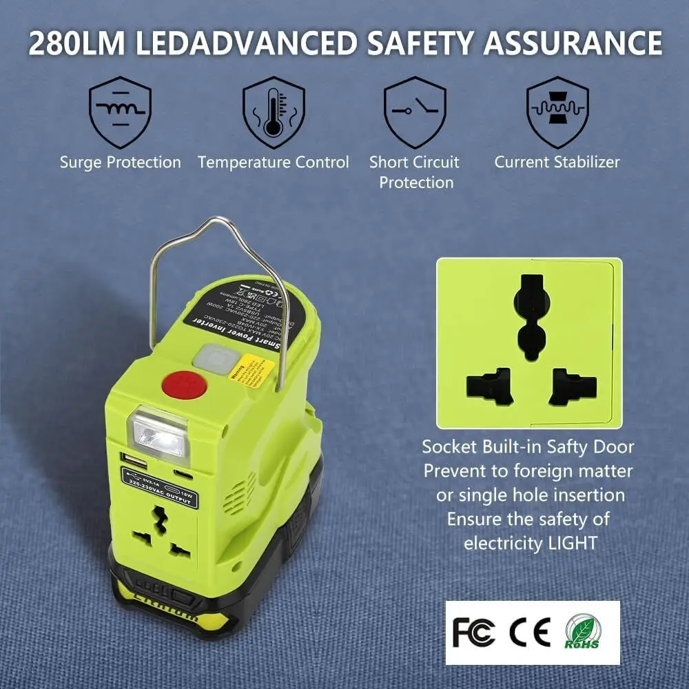 For Makita/Bosch/Dewalt/Milwaukee 18V Battery Outdoor Portable Inverter 200W AC