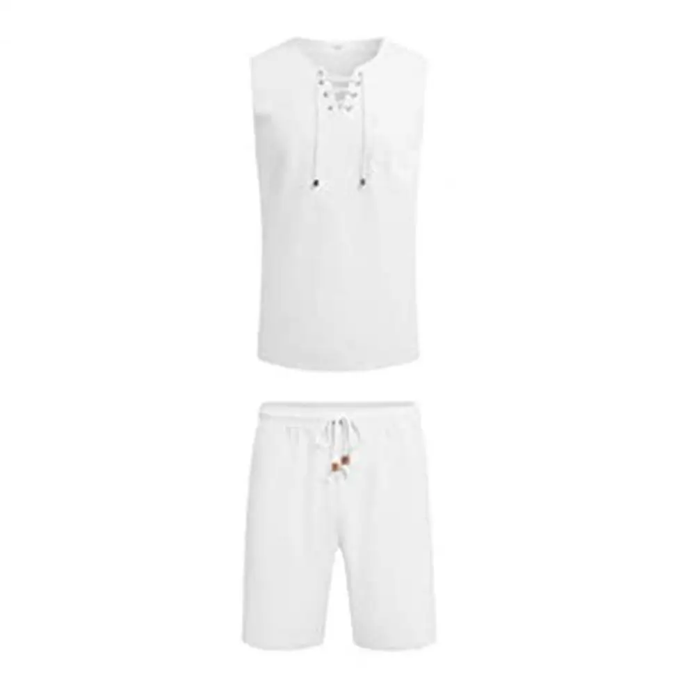 Casual Sports Suit Men\'s Sportswear Set Sleeveless V Neck Vest Elastic Waist Shorts with Patch Pockets Breathable Quick for Men