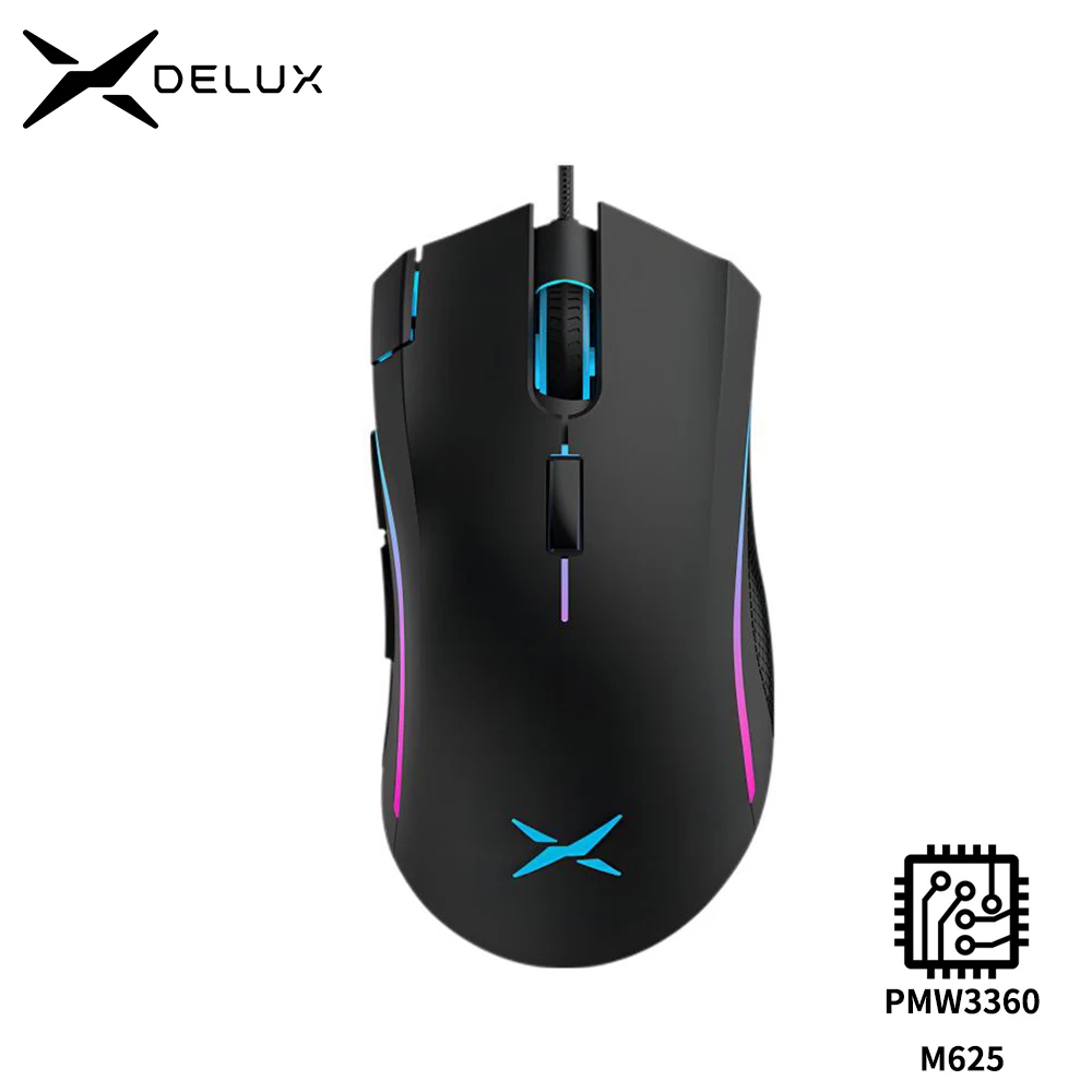 Delux M625 PMW3360 Sensor Gaming Mouse 12000DPI 7 Programmable Buttons RGB Backlight Wired Mice with Fire Key For FPS Gamer