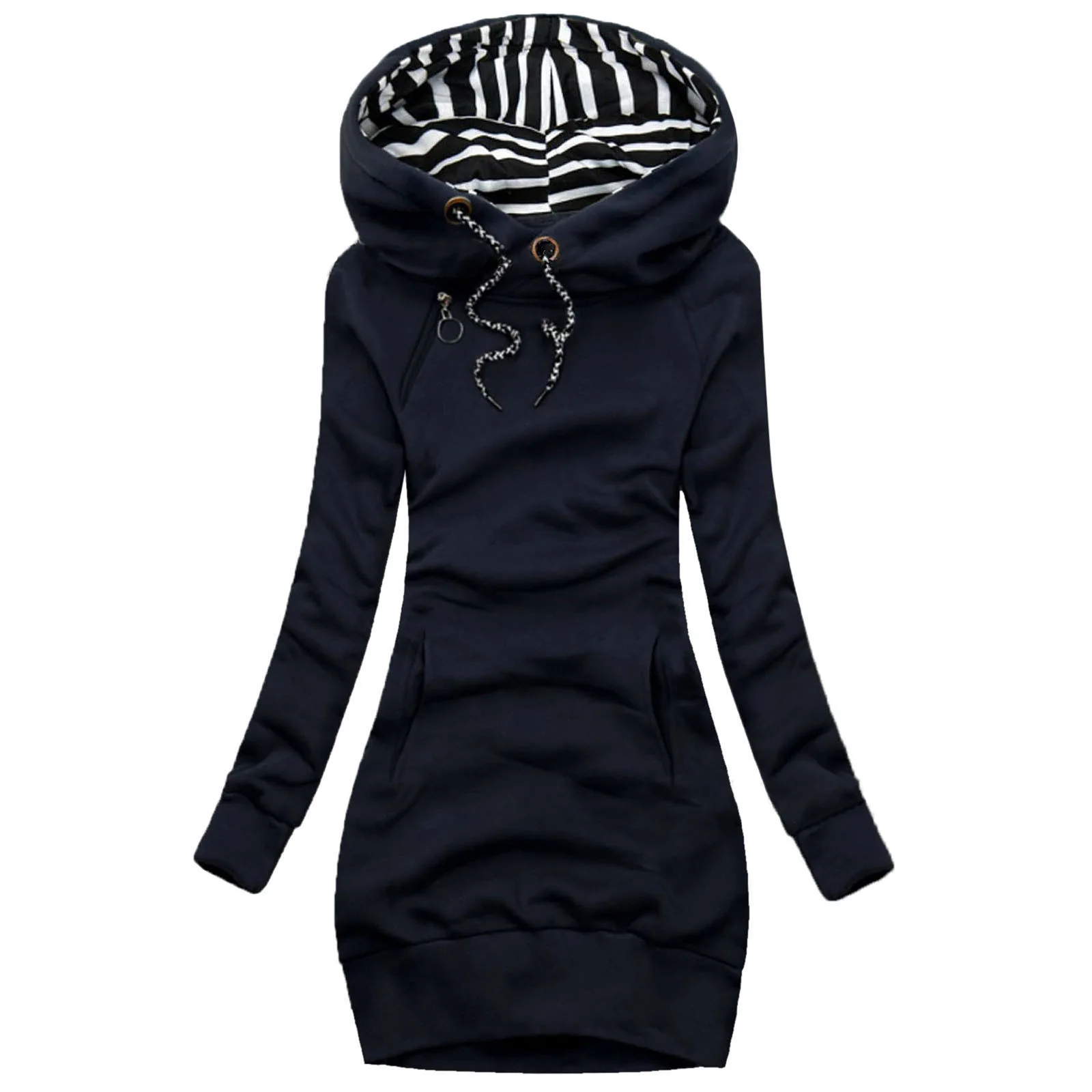 New Women Spring Autumn Hoodie Dress Sweatshirt Female Casual Fashion Print Long-Sleeved Pocket Drawstring Mini Dress