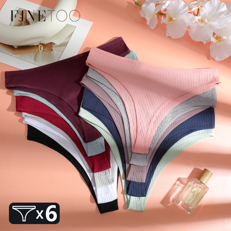 FINETOO 6Pcs Cotton Ribbed Underwear Women's Sexy Low-Waist Breathable Thongs Girls Sports Panties Stretchy T Back Soft Lingerie