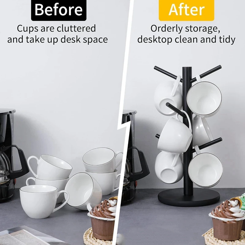 VEHO-Bamboo Coffee Cup Holder With 6 Hooks, Thickened Base Black Mug Tree, Counter Storage Rack