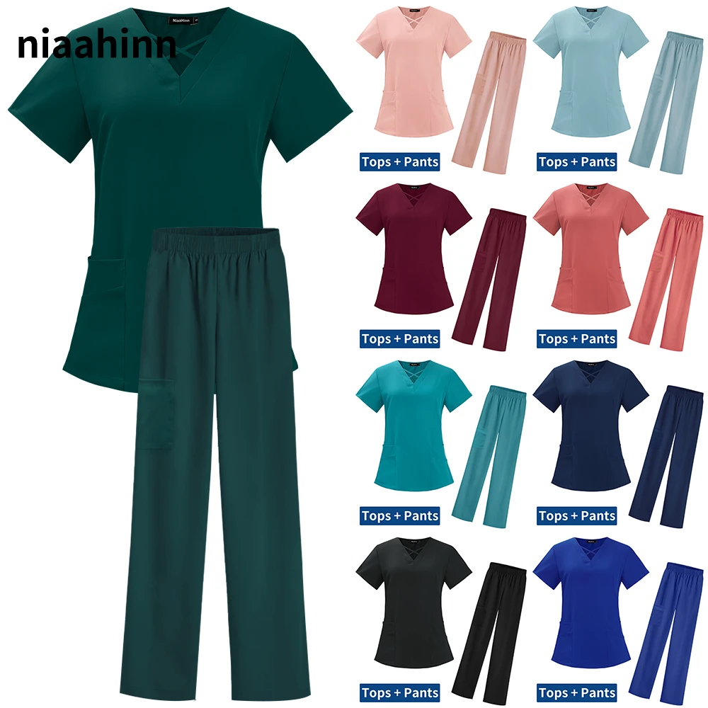 

Classic V-neck Tops and Pants Scrubs Set Women Short Sleeved Nursing Uniform Pet Doctor Work Clothing Surgery Workwear Wholesale