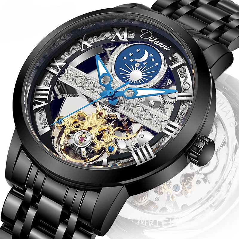 Tourbillon Moon Phase Wrist Luxury Hollow 3ATM Waterproof Stainless Steel Men Automatic Mechanical es es_voghion.com