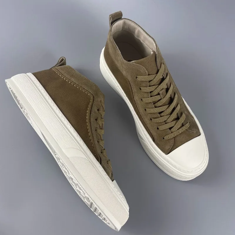 Genuine leather patchwork breathable versatile canvas high top shoes with thick soles, casual lace up board shoes for men
