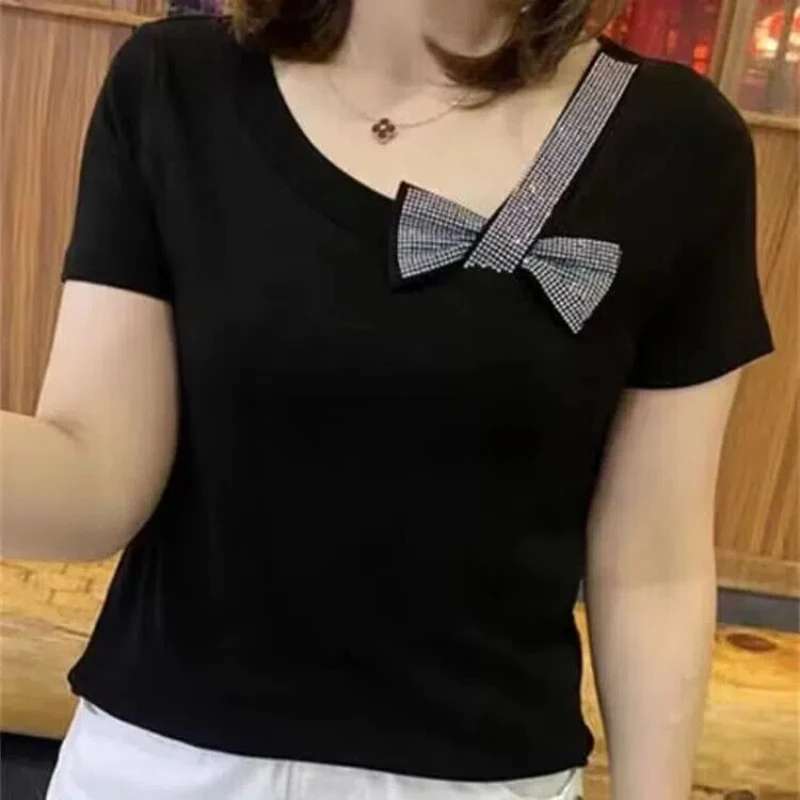 2024 New Summer Korean Commuter Fashion Elegant Cotton Slim Fit Short Sleeve Solid Color Skiw Collar Bow Women's T-shirt Top