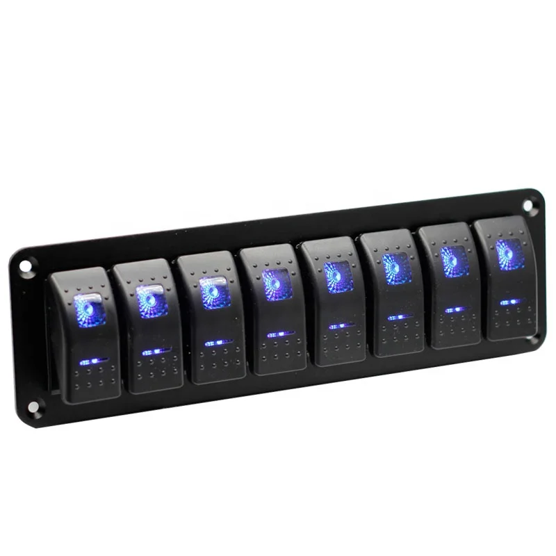 

8 Gang Aluminum Rocker Switch Panel Toggle Dash 5 Pin ON/Off Pre-Wired Rocker Switch Blue Backlit Switch