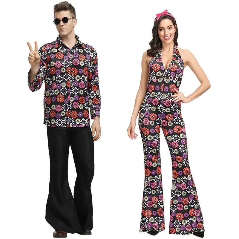 

Adult Retro 60s 70s Disco Hippie Hippy Costume Women Men Couple Halloween Purim Party Costumes Fancy Dress