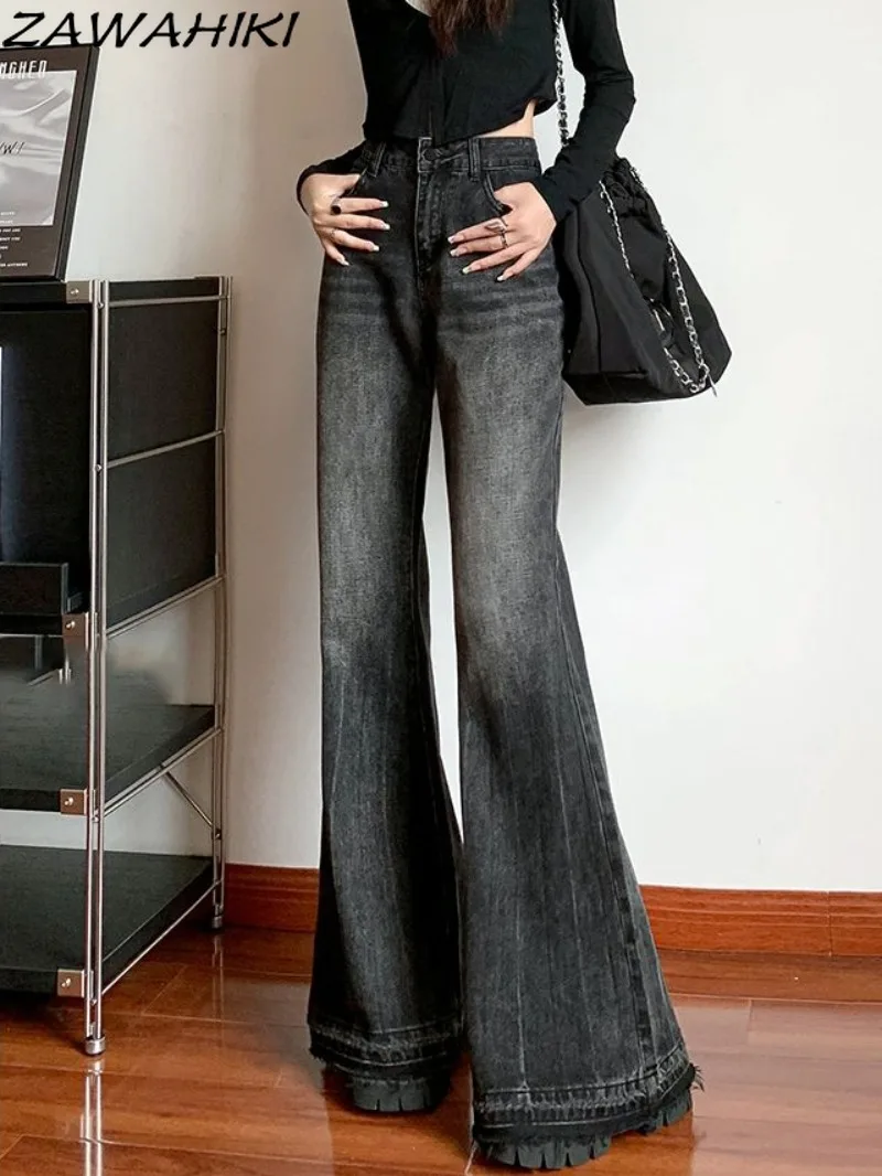 

American Black Frayed Flare Jeans Women Spring Autumn High Waist Loose Wide Leg Vintage Fashion Y2K Solid Baggy Pants Women