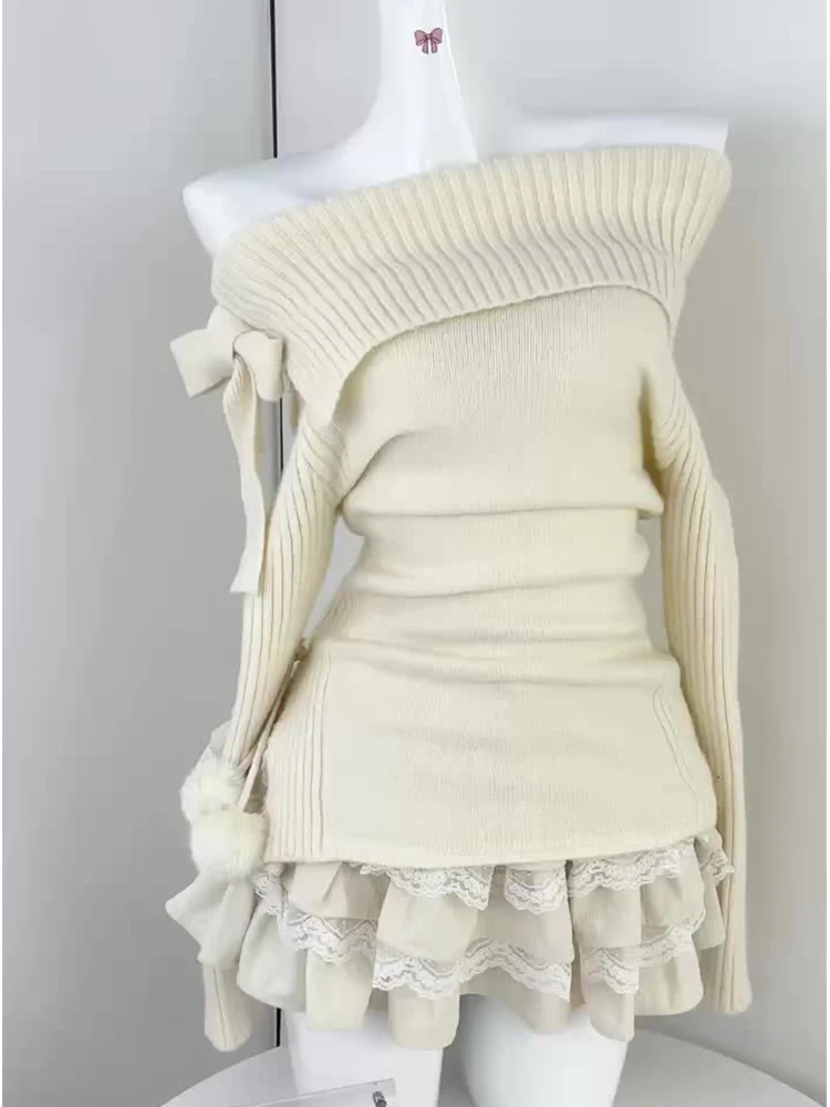 

Autumn Winter Woman Vintage French Slah Neck Jumper Mori Girl Sweater Fairycore Long Sleeve Solid Color Knitwears Gyaru Designer