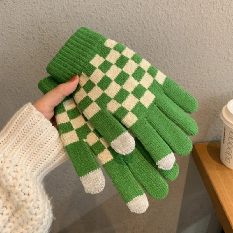 Two Pairs Checkerboard Knitted Wool Gloves For Men And Women With Touchable Screen Winter Gloves For Cycling All Fingers
