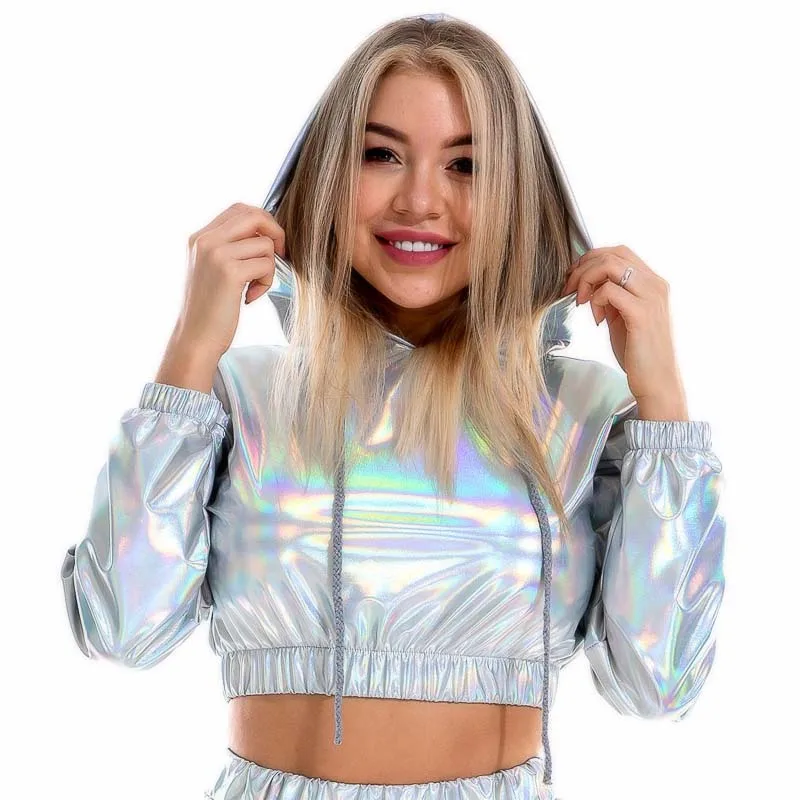 Sexy Women Shiny Metallic Crop Top with Hooded Drawstring Long Sleeves T-shirt Hip Hop Dance Costumes Clubwear Rave Party Outfit