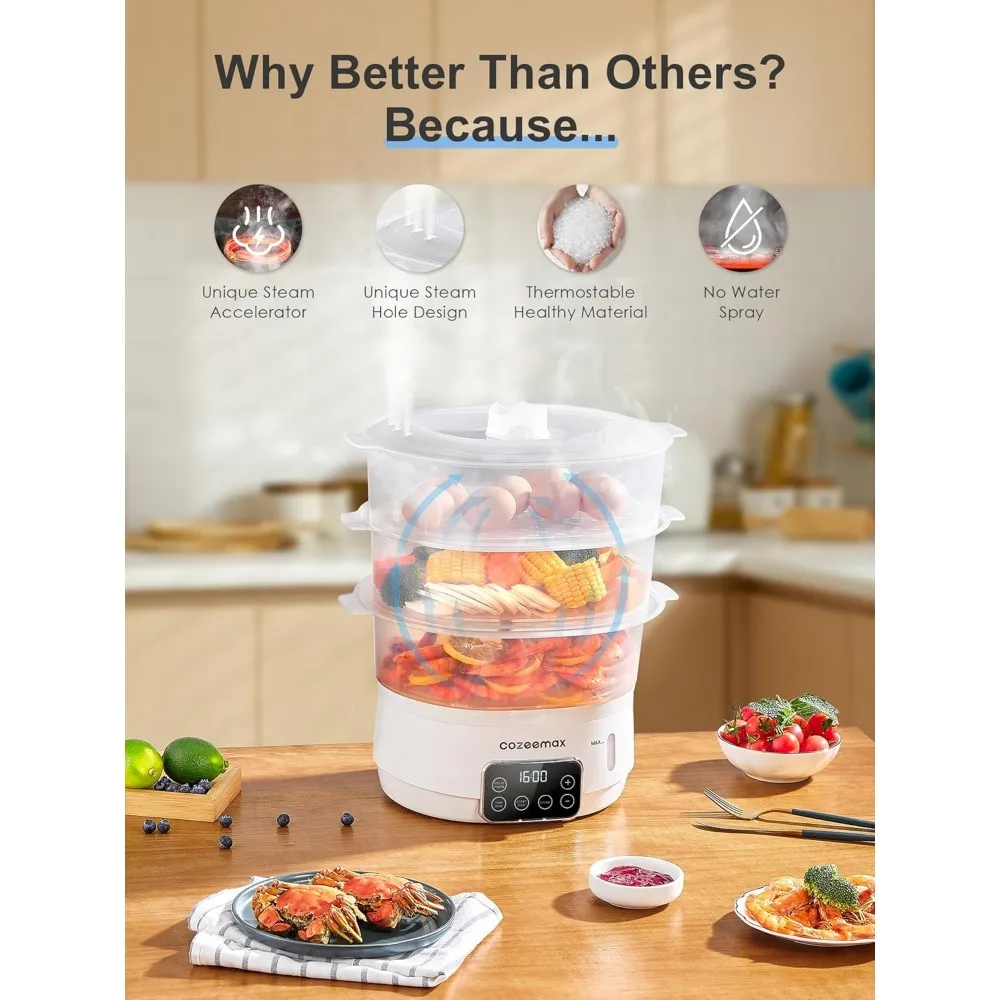 Electric Food Steamer, 13.7QT Digital Vegetable Steamer 800W with 3 Tiers BPA Free, Auto Shut-off, Boil Dry Protection 3