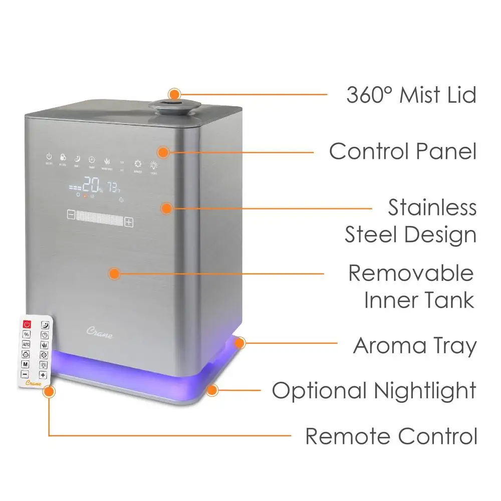 Top Fill Warm & Cool Mist Humidifier Remote Control 500 Sq. Ft UV Ionizing Aroma Tray Whisper Quiet Night Light Easy Clean 24hr 3