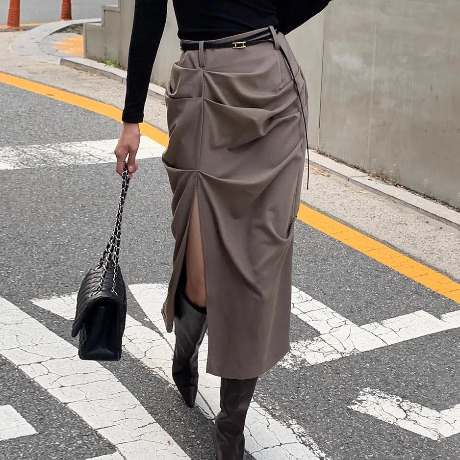 

High Street Fashion Spring Summer Side Split Midi Skirt Chic Designer Women High Waist Ruched Bodycon Ladies Office Solid Skirt