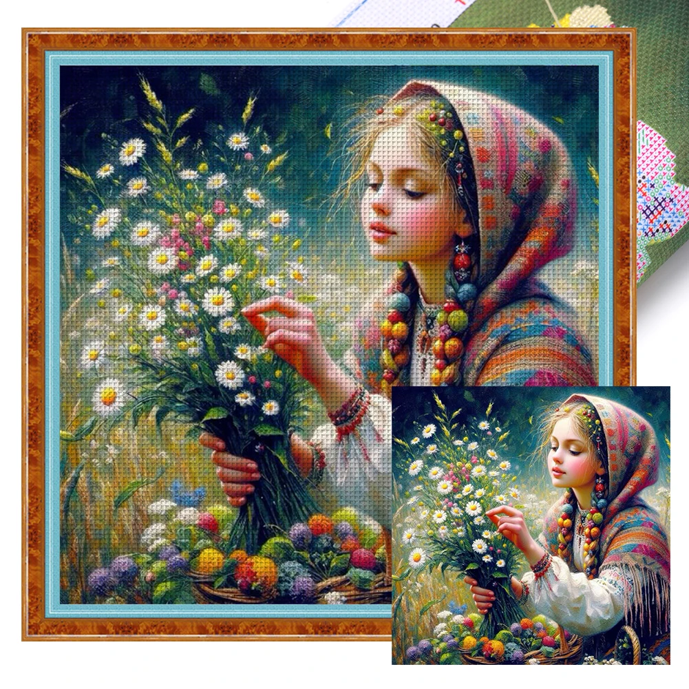 Full Embroidery Eco-cotton Thread 11CT Printed Girl Cross Stitch Kit Art 50x50cm