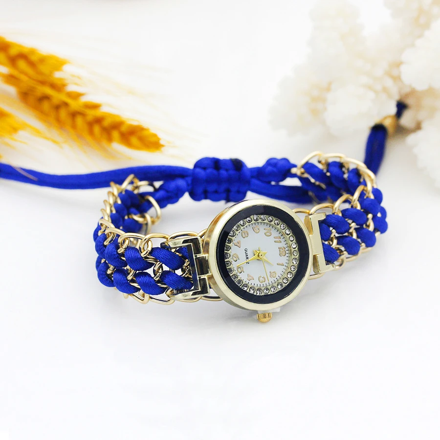 Gold Women Dress Watch New Ladies Flower Hand-knitted Wristwatch Color Sparkling Rhinestone Fabric Clock Sweet Girl Watch