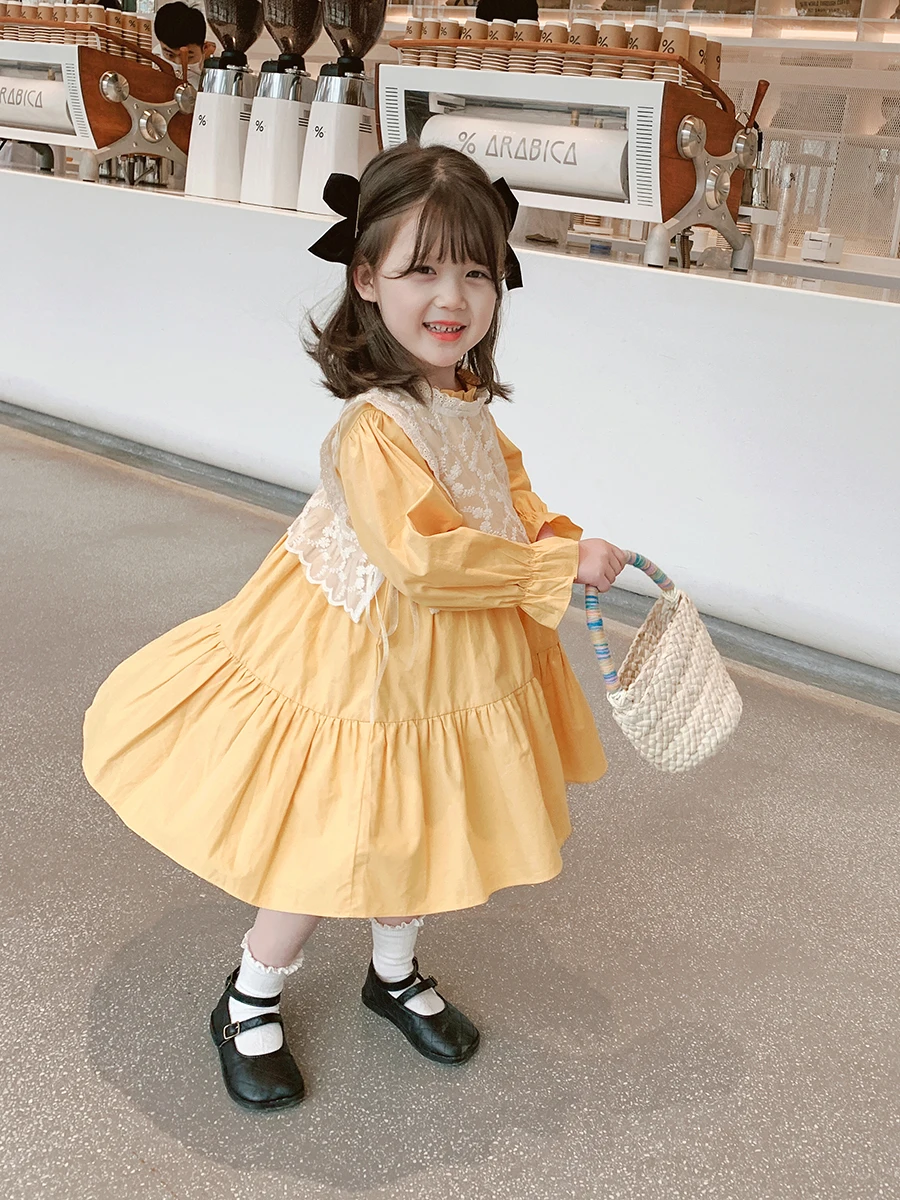 Dress Full Sleeve Knee Length Pullover A-line Solid Regular Cotton New Fashion Simple Sweet Spring Autumn Children Girls