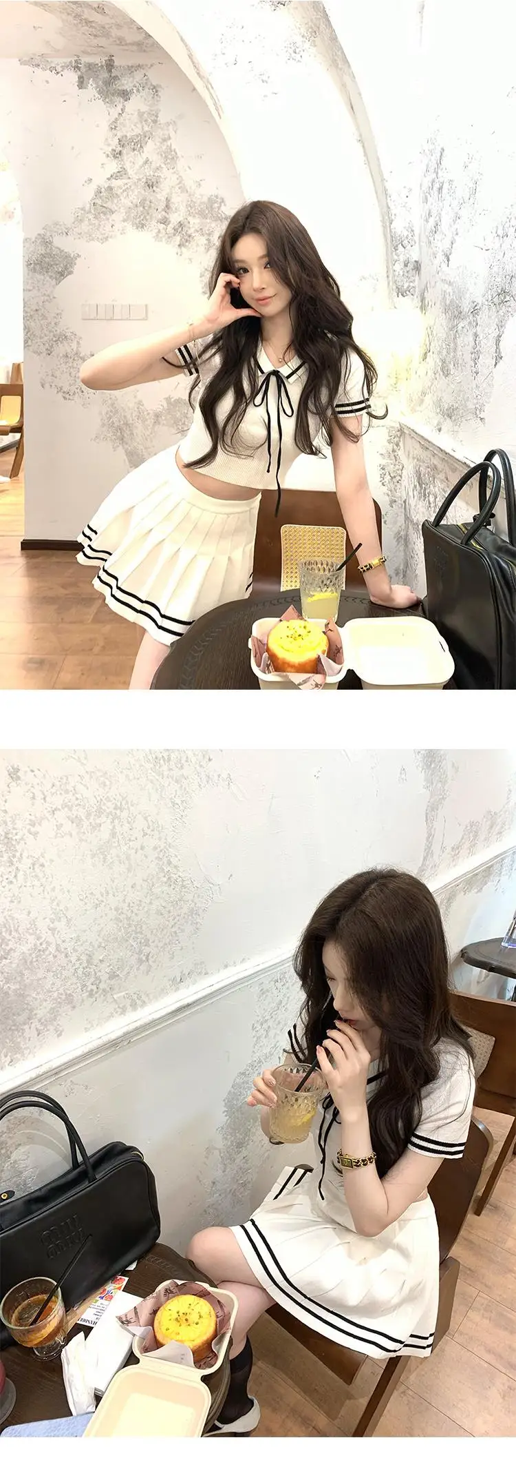 Korean Fashion Knitted Two-piece Set Women Short Sleeve Patchwork Cropped Top Pleated Mini Skirt Preppy Style Outfits New