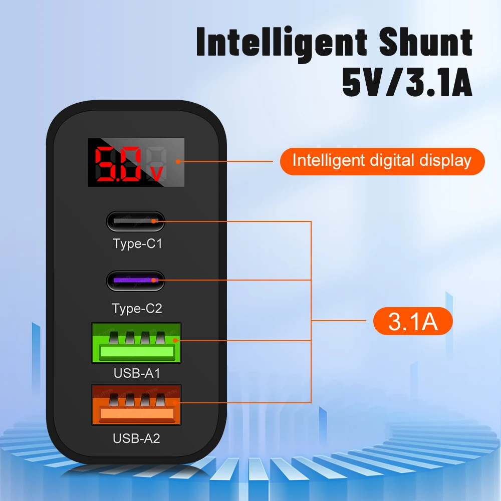 45W USB C Charger 4 Ports Fast Charging Digital Display Mobile Phone Adapter For iPhone 15 Xiaomi Huawei QC 3.0 Wall PD Charger