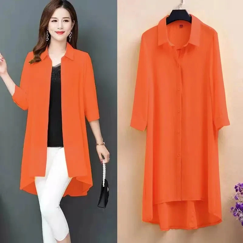 

Весенняя шифоновая рубашка Новая высококачественная женская одежда средней длины 2022 летний модный однотонный топ Солнцезащитная одежда A1035