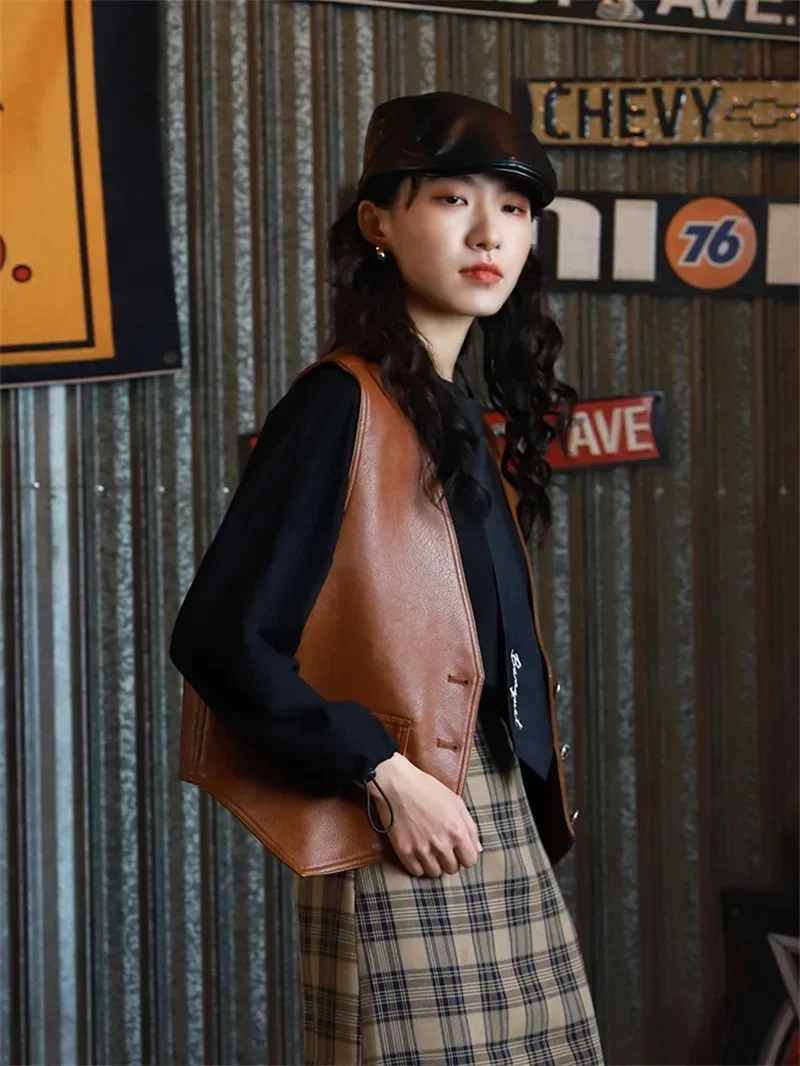 

Brown Women Suits Vest 1 Piece Waistcoat PU Leather Formal Office Lady Business Work Wear Fashion Girl Coat Casual Vest