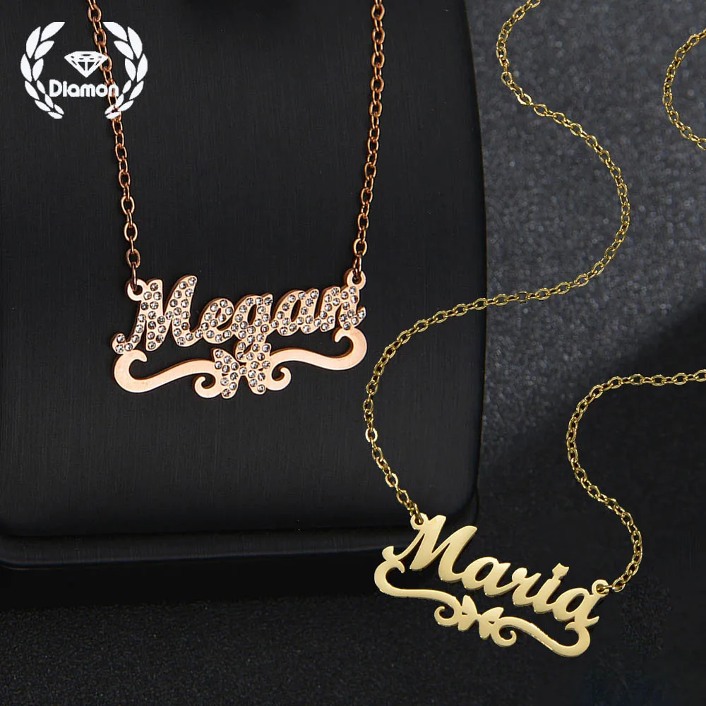 

Diamon Custom Name Necklace Personalized Stainless Steel Jewelry Zircon Butterfly Letter Pendant Nameplate Chain for Women Gift