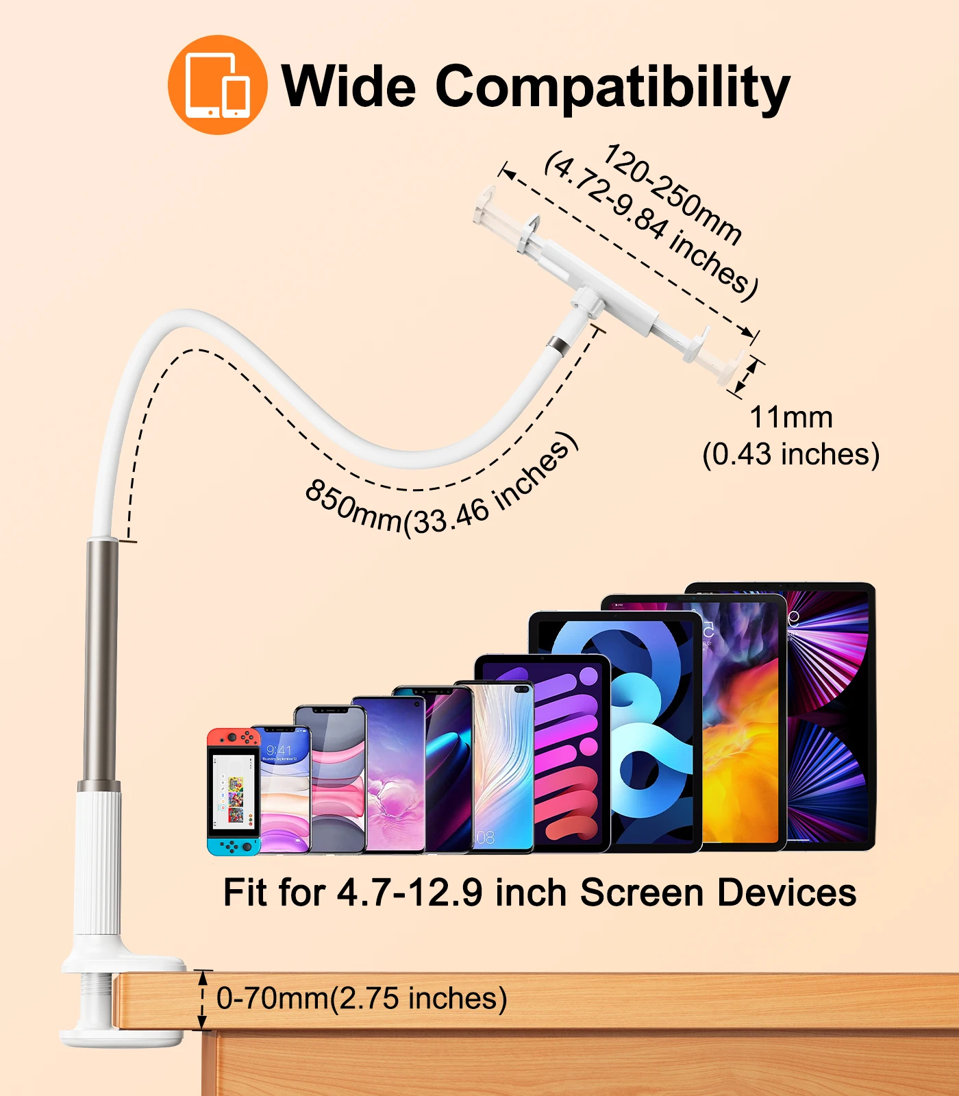 Eary Gooseneck Phone Holder Tablet Stand for Bed Clamp Cell Phone Mount Desk Flexible Long Arm Adjustable for 4.7-12.9"In Device
