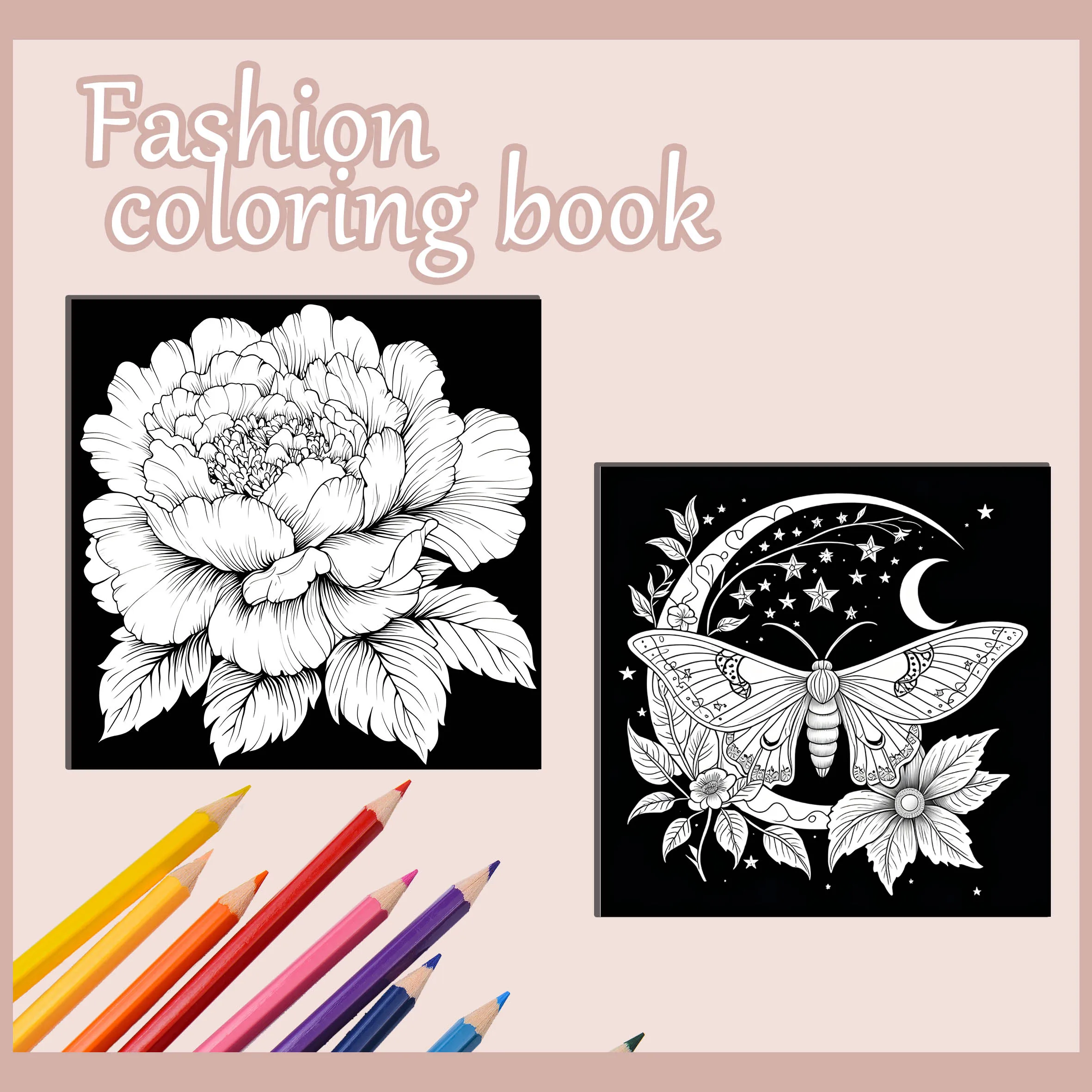 Black Themed Adult Coloring Book Multi-Element Art for Relaxation Featuring Flowers, Sailboats, Portraits, and Cosmic Designs 3
