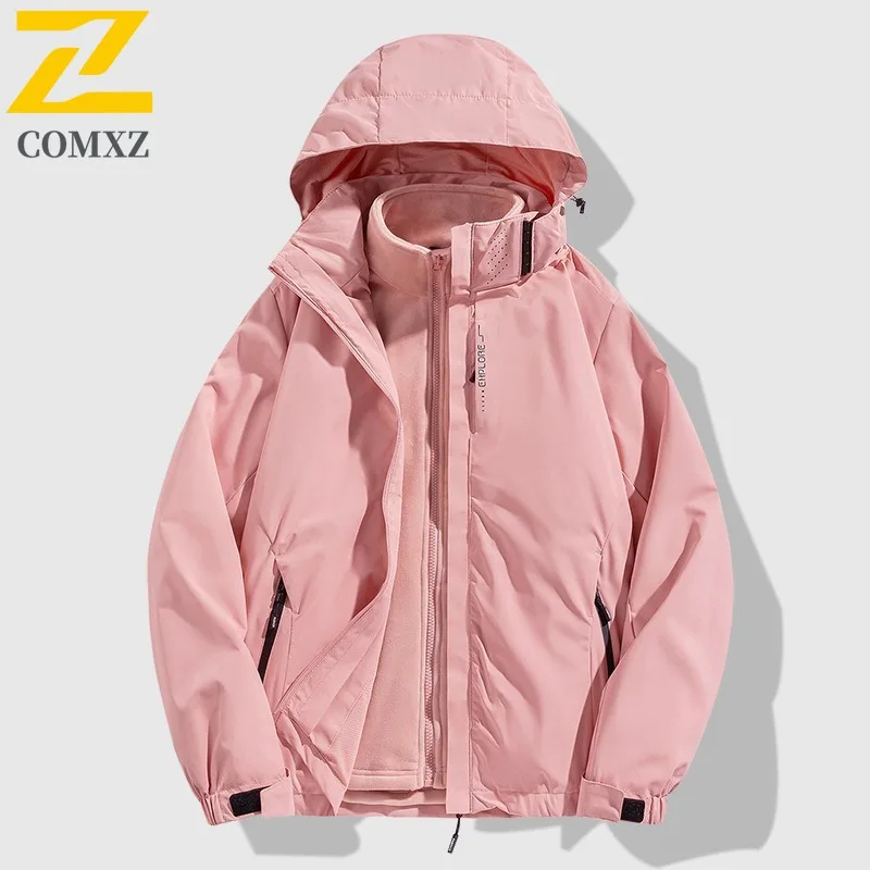 COMXZ Men Adventure Jacket Thickened Outdoor Windproof Motorcycle Jacket Fashion Hooded 3-in-1 Lightweight Winter Clothing