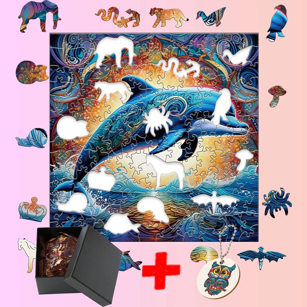 Dolphin Wooden Puzzle Animal Shaped Particles Exquisite Box and Keychain puzzle games Unique Gift for Adults and Children jigsaw puzzles wooden jigsaw puzzles wooden puzzle toys