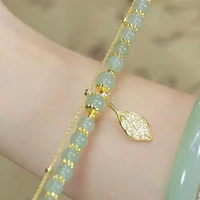 Chinese Style Green Jade Bracelet For Women Exquisite Gold Color Leaves Wrist Strap Bangle Double Chain Bracelet Girls Gifts 5