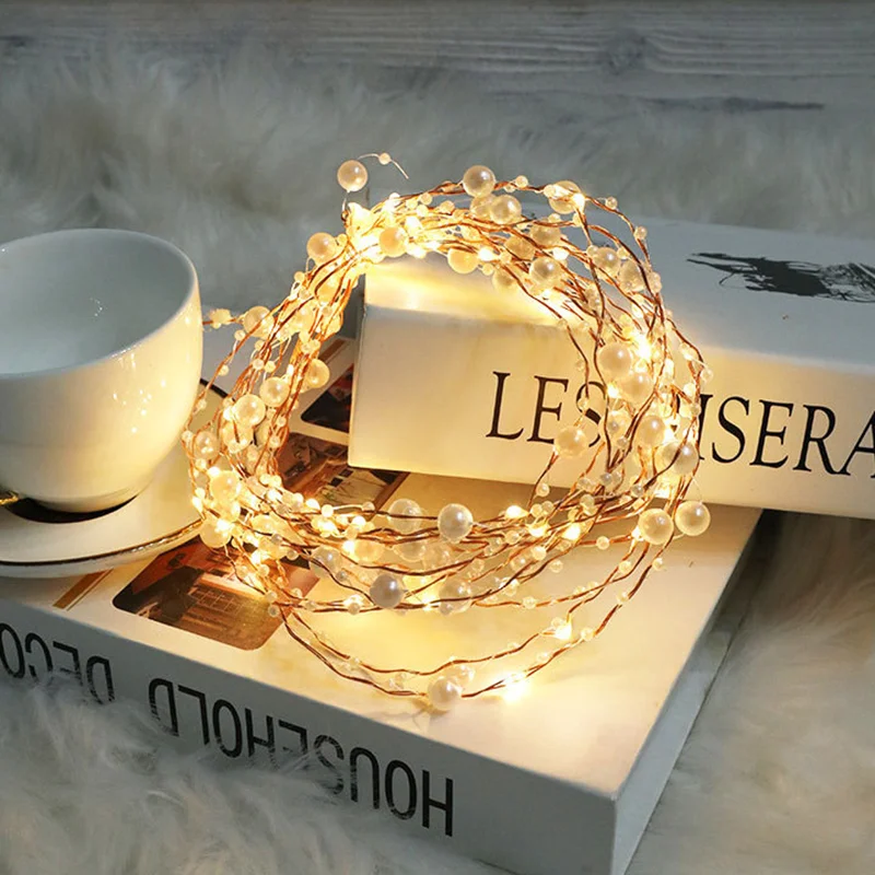 thumbnail image 1 of Guirnalda de luces LED con forma de hada y perlas, funciona con pilas, para dormitorio, sala de estar, decoración de fiestas de bodas y Navidad, 1 of 5