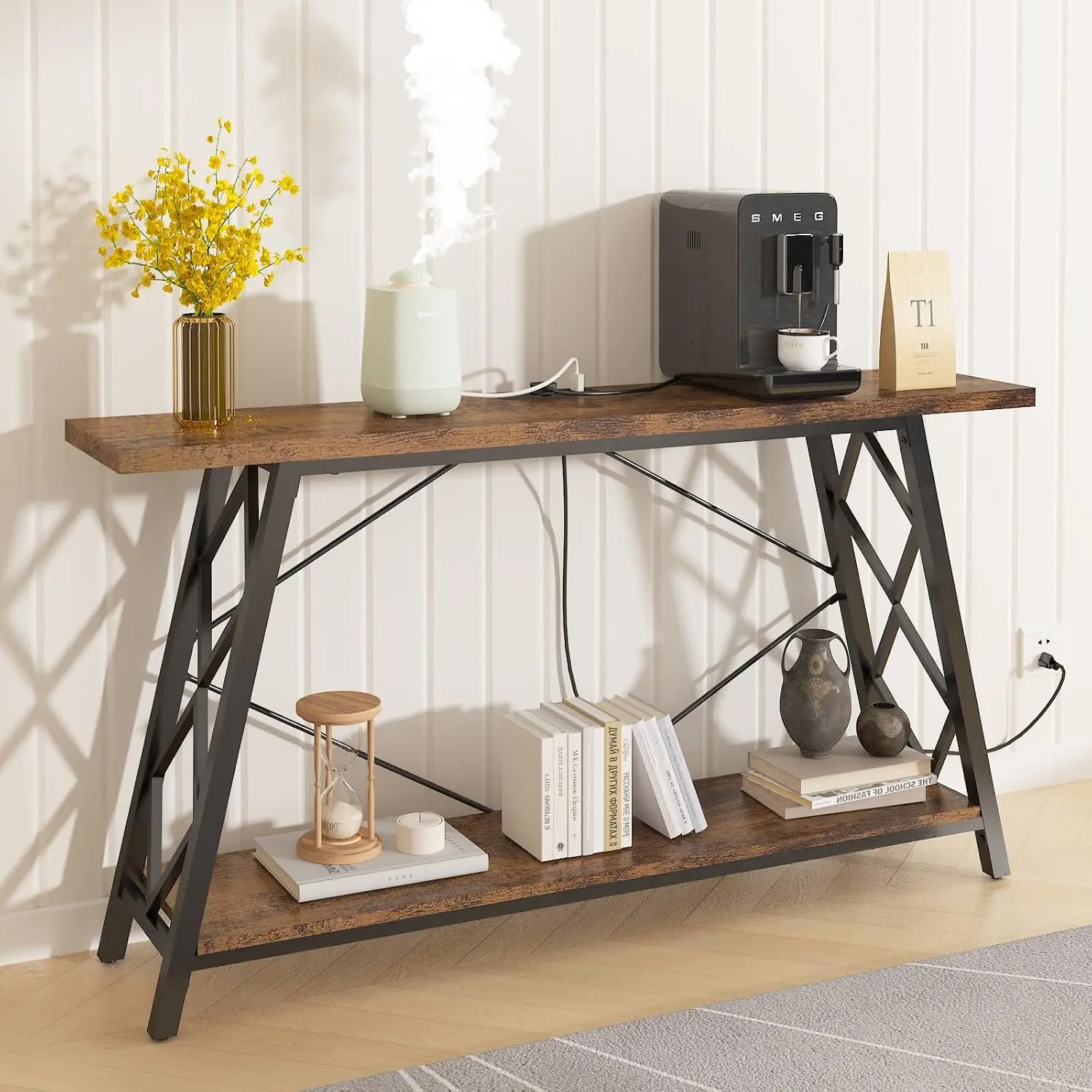 Console with Charging Station 55" Narrow Long Sofa Entryway with Storage Behind Sofa Consoles Table