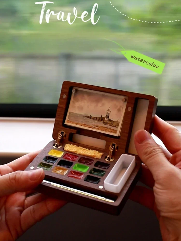 ポータブル木製水彩パレット、水彩画、サブパッケージ、空の箱、アート