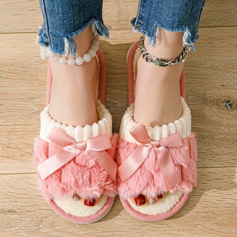 Women Slippers Bow Plush Flat Non-slip for Spring Autumn Winter