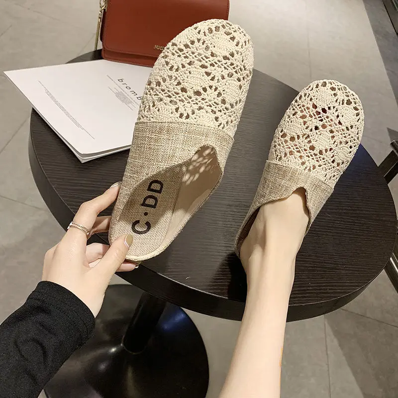 Women Flats Half slippers For Women Summer Woven Breathable Flat Bottomed Baotou Lazy Sandals