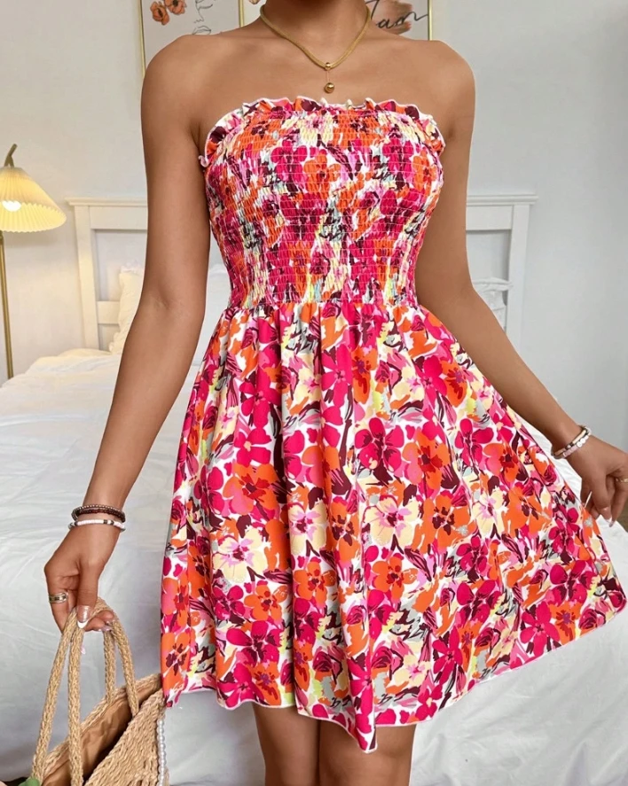 

Women's Chest Wrapped Dress 2024 Summer Floral Print Bandeau Shirred Dress Sexy Sleeveless Vacation Mini Dresses