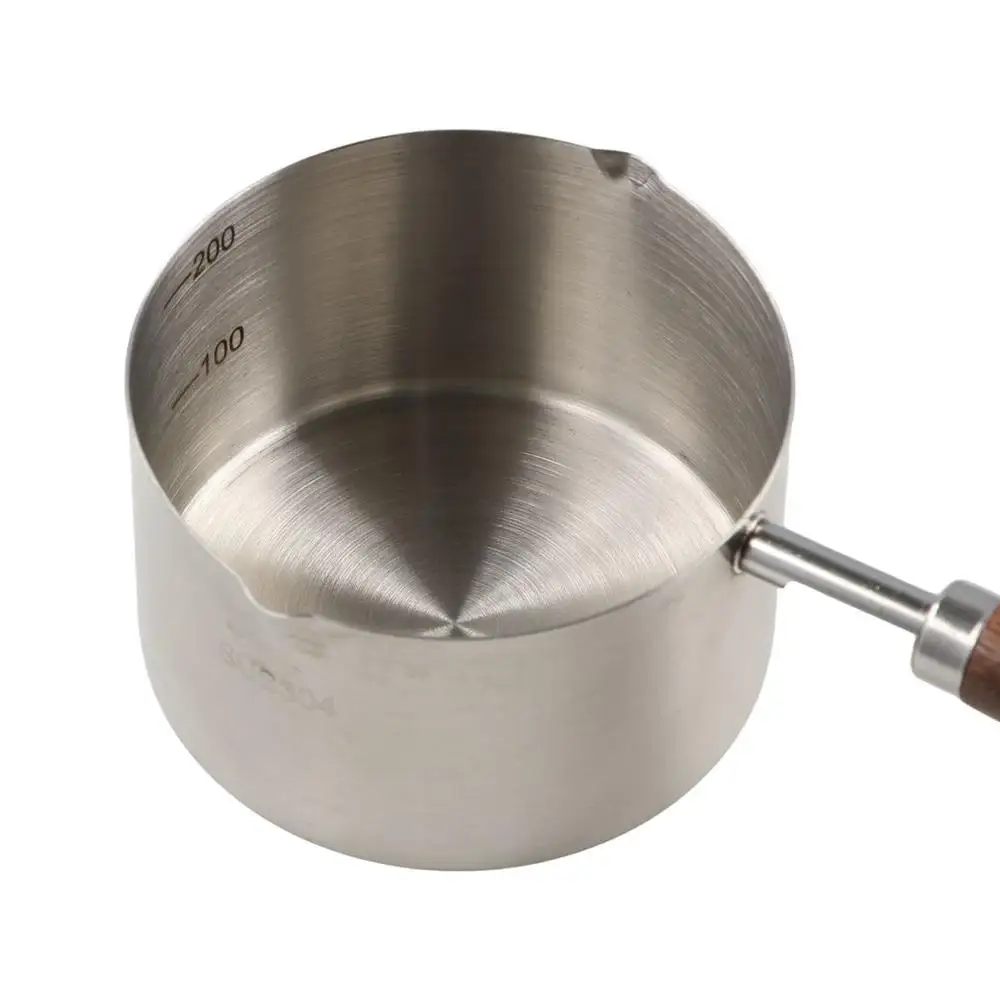 Household Wooden Handle Milk Pan 304 Stainless Steel with Scale Oil Pot Deepen Spout Measuring Spoon Chocolate