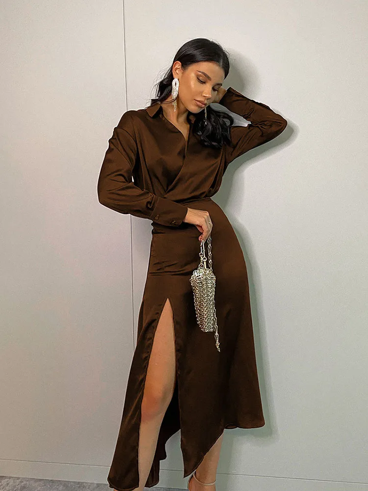 

Женский облегающий комплект из двух предметов, однотонный Атласный топ с длинным рукавом и атласная юбка до локтя из искусственного шелка, 2024